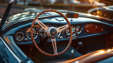 Classic Car Interior with Wooden Steering Wheel