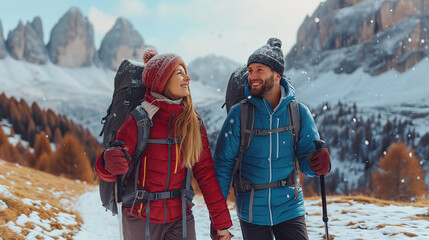 Poster - couple in winter mountains hiking