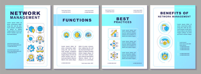 Network infrastructure management blue brochure template. Leaflet design with linear icons. Editable 4 vector layouts for presentation, annual reports. Arial-Black, Myriad Pro-Regular fonts used