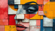 Profile of a woman's face from the side in an abstract wall created from squares and rectangles.