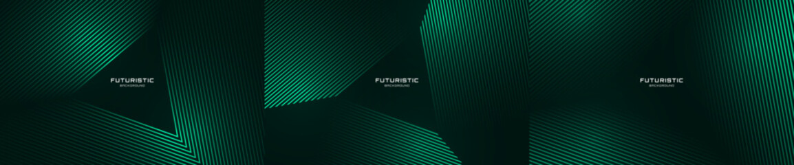 3D green techno abstract background overlap layer on dark space. Modern banners set with glowing triangles decoration. Graphic design element lines style concept for web, flyer, card cover or brochure