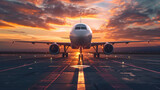 Fototapeta  - An airplane is poised on the runway against a dramatic sunset sky, symbolizing the anticipation of travel and adventure.