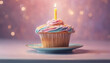 Birthday muffin with candles on a background of bokeh lights and confetti, AI generated
