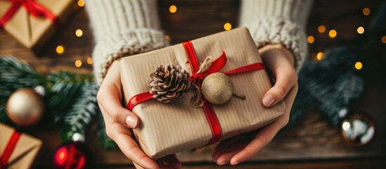 Poster - A woman holds a stylish Christmas gift with vintage ornaments on a wooden table during the winter holidays.