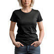 Blonde woman in blank black t shirt isolated on white background
