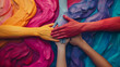 Representation of women's hands holding each other in unity for Women's Day banners. A realistic image of five hands together with colorful powder pigments on a blurred background.
