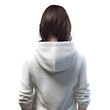 Rear view of young woman in white hoodie on white background
