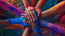 Representation Of Women's Hands Holding Each Other In Unity For Women's Day Banners. A Realistic Image Of Hands Together With Colorful Powder Pigments On A Blurred Background.