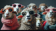 portrait of sheep with sunglasses, Cute animals in group wearing clothes. Generative Ai
