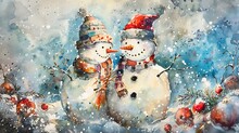 Summer Snowman Christmas Watercolor Magic Blending Snowy Delights With Sunny Surprises. Generative Ai