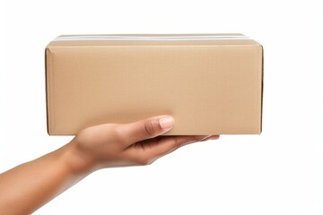 hand holding a shipping box isolated on white