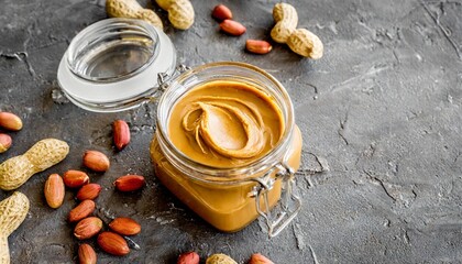 Wall Mural - glass jar with peanut butter on table background top view space for text and close up