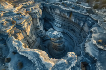 Aerial view showcases a vast rock formation dominating the landscape below. The rocks jut out in various shapes and sizes, creating a rugged and imposing sight from above