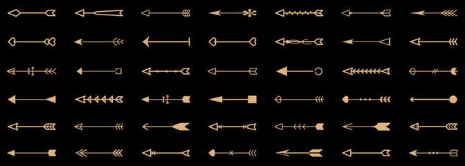 Vintage arrow icon element collection for design. Set of black arrow icons. Retro bow arrow element for decoration