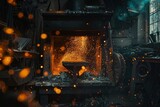 Fototapeta Uliczki - blacksmith heats a metal rod in a fiery forge, sparks flying as he hammers it on the anvil