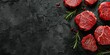 Fresh selected raw meat, steak meat, cooking process, beef, restaurant, rosemary, background.