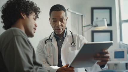 doctor showing computer tablet check up exam result to the patient in the examination room