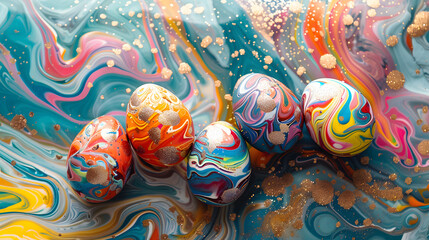 Wall Mural - painted easter eggs on a background of colored spots of paint. colorful marbled easter eggs on abstr
