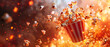 Popcorn bag with exploding popcorn in front of a dark background with popcorn scattered around. Popcorn bag bucket explosion isolated on clean background