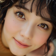 Canvas Print - Closeup portrait of a beautiful young woman with brown eyes looking at camera