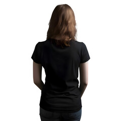 back view of woman in blank black t shirt on black background