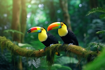 Toucans sitting on the branch in the natural rain forest habitat.