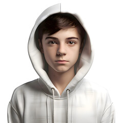 Wall Mural - Portrait of a young man in a white hoodie on a white background