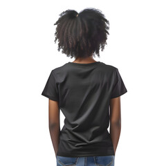 Young african american woman in black t shirt on white background