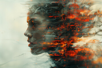 Poster - double exposure portrait of a woman disintegrating to digital code or avatar