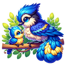 Mom And Baby Blue Jay  Cartoon. Mother's Day Clipart. Sweet Motherhood
