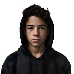 Wall Mural - Portrait of a young man in a black hoodie. Isolated on white background.