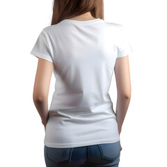 Wall Mural - back view of woman in blank white t shirt on grey background