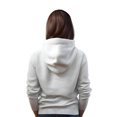 Wall Mural - Back view of woman in white hoodie isolated on white background.