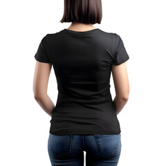 Wall Mural - Young woman in blank black t shirt. rear view. Mock up