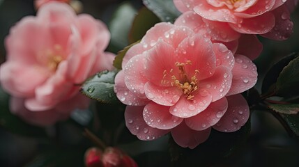 Poster - A cluster of vibrant pink flowers shimmer with delicate water droplets, reflecting the gentle touch of morning dew