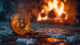 Fototapeta  - bitcoin crypto gold with a fireplace in the background