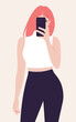 Portrait of curve redhead woman holding smart phone in hand shooting selfie on front camera. A blogger is photographed for a social media. Vector flat illustration