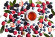Freshly brewed tea with summer ripe berries Top view Banner format