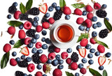 Fototapeta Sport - Freshly brewed tea with summer ripe berries Top view Banner format