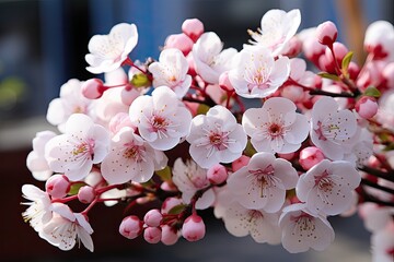 Canvas Print - A cluster of delicate white and pink flowers gracefully bloom on a tree branch, creating a mesmerizing display of natures beauty