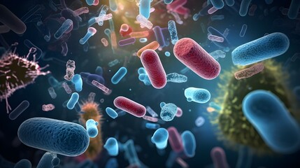 3d Render of bacteria, germs, viruses and other biological micro-organisms on black background