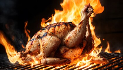 Wall Mural - A delicious chicken is roasting on the grill with flames providing the heat for cooking. This tasty dish is being prepared with fire as the main cooking ingredient