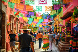 Fototapeta Uliczki - A vibrant street scene filled with people celebrating Cinco de Mayo, featuring colorful decorations and traditional clothing