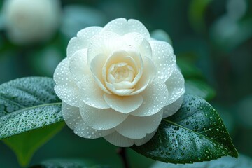 Poster - A pristine white rose camellia flower captured in close-up, showcasing delicate petals covered in sparkling water droplets, creating a mesmerizing sight