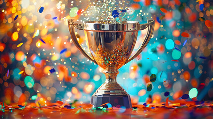 Wall Mural - A gleaming gold winners trophy cup takes center stage, surrounded by a festive explosion of colorful celebration confetti and sparkling glitter, symbolizing victory and success in a competition.