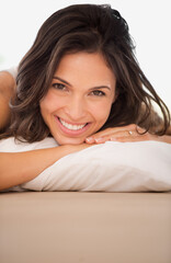 Poster - Smile, woman and portrait to wake up in bed, rest and calm on morning in home. Happy female person, pillow and ready for start of weekend in apartment, comfortable and peace or lazy for wellness