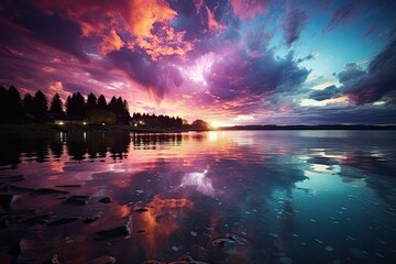 Poster - A stunning scene unfolds as the sun dips below the horizon, casting a warm orange glow over a tranquil lake. Wispy clouds drift lazily across the sky, reflecting the golden hues of the fading light