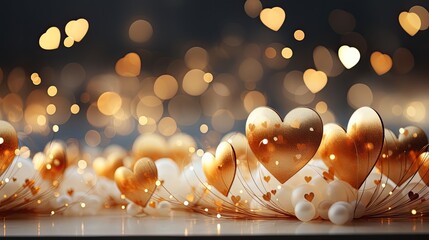 Leinwandbilder - A collection of vibrant heart-shaped objects scattered on a wooden table, creating a whimsical and lively composition