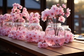 Poster - A wooden table adorned with vases filled with pink flowers, creating a delicate and enchanting display