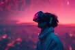 © ADDICTIVE STOCK - Generative AI illustration of individual lost in a virtual world, with a VR headset against a surreal pink sky